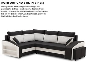 Grande sarokkanapé polcokkal és puffokkal , polc a bal karfaban puffok a jobb karfaban, baloldali, szövet anyag, bonell töltet, fekete - fehér