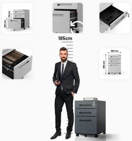 KATE görgős konténer íróasztal alá – 390 x 600 x 500 mm, antracit színű