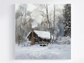 Vászonkép Canvas Tájkép Erdő Kunyhó Ház Hó Fagy Hófúvás Tél 40x40