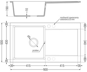 Mexen Leo, gránit mosogató 900x500x190 mm, 1 kamrás, fekete - ezüst metál króm szifonnal és fekete Rita mosogató csaptelep, 6501-73-670300-70