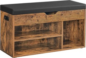 Tárolópad párnázott üléssel, 3 rekeszes cipőpad 80 x 30 x 44 cm, rusztikus barna