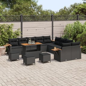 13 Részes Kerti Kanapészett Párnákkal Fekete Poly Rattan Akác, 3 Részes Kerti Étkezőszett Párnákkal Fekete Poly Rattan Akác
