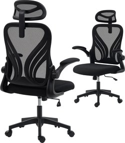 HOMCOM ergonomikus irodai szék, hálós ülés, összecsukható háttámla, 2D fejtámla, felhajtható kartámaszok, deréktámogatás, billentés és 360° forgás — v