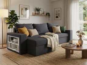 Kinyitható kétoldalas L alakú ülőgarnitúra NORIX 240x140 cm, sötétszürke polccal + 2 párnát INGYEN