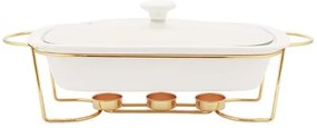 Hőálló porcelán sütőtál üveg fedővel arany színű asztali melegentartó állvánnyal - 1,8 literes