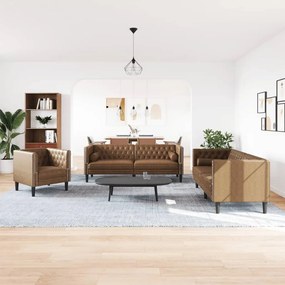 vidaXL 3 részes barna művelúr Chesterfield kanapészett hengerpárnákkal
