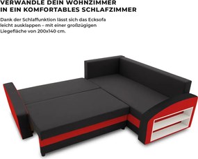 Grande sarokkanapé polcokkal , polc a jobb karfaban, jobboldali, szövet anyag, bonell töltet, fekete - piros