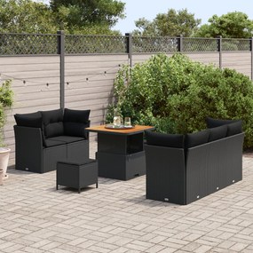 8 darabos Kert Szófa Szett Párnákkal Fekete Poli Rattan Akáciával, 3 darabos Kert Étkezős Szett Párnákkal Fekete Poli Rattan Akáciával