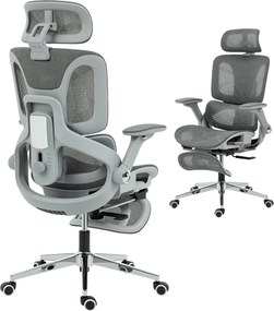 HOMCOM ergonomikus hálós irodai szék — 4D kartámaszok, állítható fejtámla és ülésmélység, deréktámasz, 135° döntés lábtartóval — szürke | Aosom