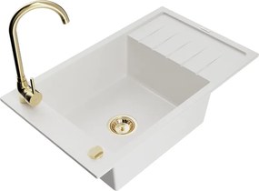 Mexen Elias egymedencés gránit mosogató csepegtetővel és Telma konyhai csapteleppel, fehér - 6511-20-670200-50