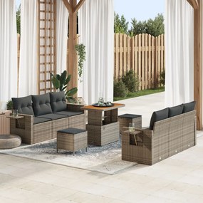 9 darabos kerti kanapé szett párnákkal szürke poly rattan akácia, 3 darabos kerti étkező szett párnákkal szürke poly rattan akácia