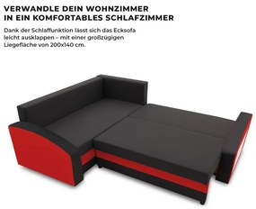 Grande sarokkanapé polcokkal , polc a jobb karfaban, baloldali, szövet anyag, hab töltet, fekete - piros