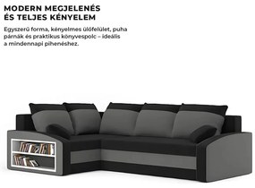 Grande sarokkanapé polcokkal , polc a bal karfaban, baloldali, szövet anyag, hab töltet, fekete - szürke