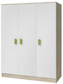 SVEN 3 háromajtós gyerekszoba szekrény, fehér + sonoma tölgy, fogantyúk - 120 cm széles, zöld