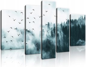 Vászonkép 170x100 Ködös erdő tűlevelű erdő madarak repülés természet nyugalom tájkép