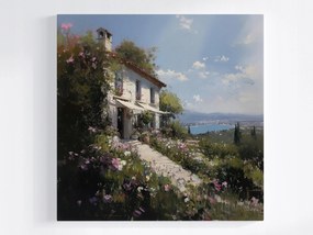 Vászonkép Canvas Tájkép Tenger Hegyek Ház Villa Kert Virágok 80x80
