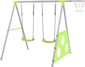 AIYAPLAY 3 az 1-ben hintaállvány kültéri hinta szett 2 hintával, kosárlabdapalánkkal, focikapuval, fém keretes dupla hinta gyermekeknek, gyermek hinta