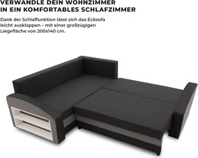 Grande sarokkanapé polcokkal , polc a bal karfaban, baloldali, szövet anyag, hab töltet, fekete - szürke