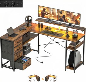 HOMCOM Gamer asztal, LED világítással-konnektorral, 4 fiókkal, monitorállvánnyal, barna