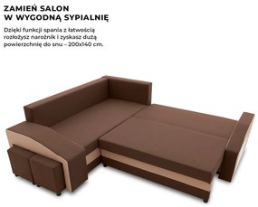 Grande sarokkanapé polcokkal és puffokkal , polc a jobb karfaban puffok a bal karfaban, baloldali, szövet anyag, hab töltet, barna