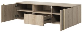 Verica 150 cm-es TV-szekrény, falra szerelhető, nyitott polccal - szivacsos-tölgy / arany fogantyúk