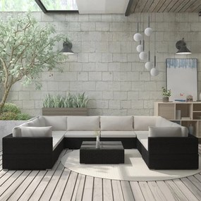 9-részes fekete polyrattan kerti bútorszett párnákkal