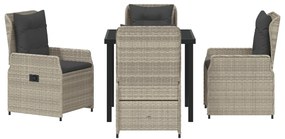 5 darabos kert étkezőszett világosszürke poli rattan, kert asztal fekete 80x80x73 cm edzett üveg