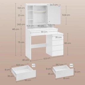 VASAGLE sminkasztal LED-világítással, székkel, felhőfehér színben