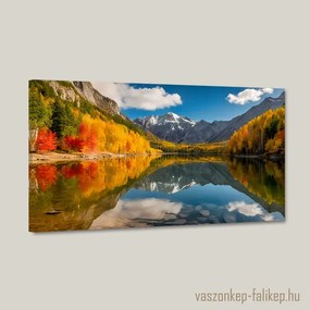 Őszi tóparti táj hegyekkel tájkép – Prémium vászonkép 60x34 cm