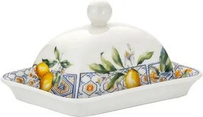 17,8×13 cm-es porcelán vajtartó fedővel, citrom motívummal