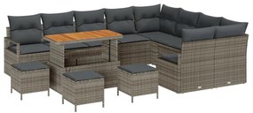 13 Darabos Kerti Kanapé Szett Párnákkal Szürke Poli Rattan Akác, 4 Darabos Kerti Étkezős Szett Párnákkal Szürke Poli Rattan Akác, 2-Fős Kerti Kanapé Párnákkal Szürke Poli Rattan