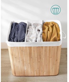 Bambusz szennyeskosár 3 rekesszel, fedéllel és fogantyúkkal, 150 literes