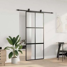 Fekete edzett üveg tolóajtó fémszerelék szettel 90x205 cm