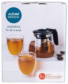 Hőálló edzett üveg teáskanna szűrővel 2 db duplafalú üvegpohárral