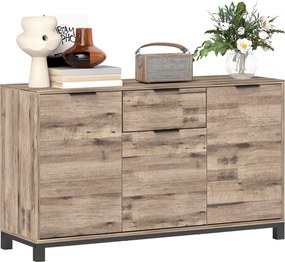 HOMCOM Nappali Szekrény, Oldalszekrény Fiókkal és 3 Szekrénnyel, Állítható Polcokkal, Ipari Stílusú Acél Lábakkal az Étkezőbe és Konyhába, 120x36.5x70