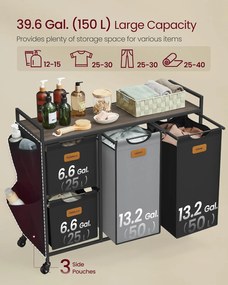 Szennyeskosár 4 rekesszel, 150 l-es ruhaválogató, fekete-szürke