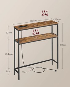 VASAGLE Konzolasztal, Keskeny Kanapé Asztal 2 Polccal, 20 x 80 x 80 cm, Vintage Barna