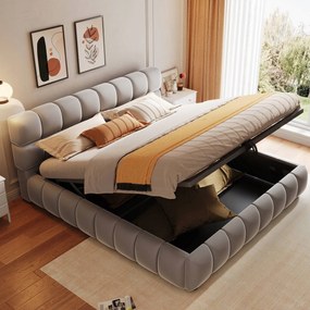 Kárpitozott ágy 140 x 200 cm Dupla ágy Hidraulikus bársony szürke