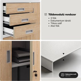 Fém irodai szekrény széffel, fehér, sonoma tölgy, 900x1850x400 mm: FILIP II Eco Design