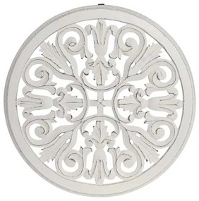 Antikolt fa faragott kerek fali dekoráció 45x45 cm – fehér vintage stílusban