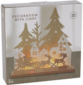 Házikók és Mikulás karácsonyi szánon asztali LED lámpa, MDF, 19,5x4,5x19,5cm