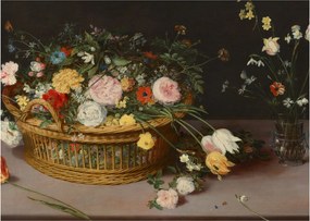 Kép - Jan Brueghel the Elder, Flowers in a Basket and a Vase, reprodukciók (70x50 cm)