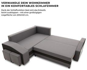Grande sarokkanapé polcokkal és puffokkal , polc a jobb karfaban puffok a bal karfaban, baloldali, szövet anyag, bonell töltet, szürke - fekete