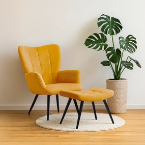 Fotel lábtartóval, sárga Velvet szövet/fekete, HABEN