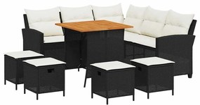6 részes fekete polyrattan kerti ülőgarnitúra párnával L-alakú