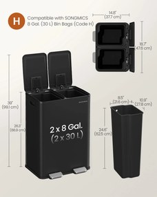 SONGMICS 60L Konyhai szemetes (2x30L), lágy záródás, fekete