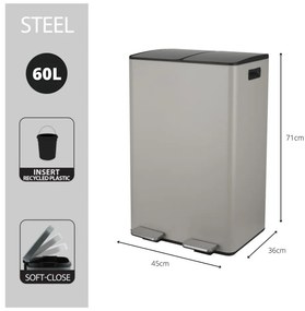Szürkésbarna acél szelektív pedálos szemetes 2x30 l Aliya – Spirella