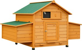 PawHut Kültéri Tyúkól Fa Tyúkól 2-4 Tyúk számára 2 Fészekkel, Kivehető Tálcával, Billenő Tetővel 150x100x96,5 cm Természetes | Aosom