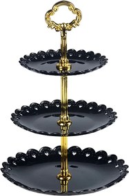 Fekete 3 szintes serpenyő arany torta- és desszerttartóval, műanyag