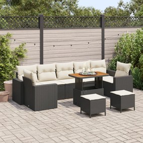 10 darabos kert kanapé szett párnákkal fekete poli rattan akác, 3 darabos kert étkező szett párnákkal fekete poli rattan akác